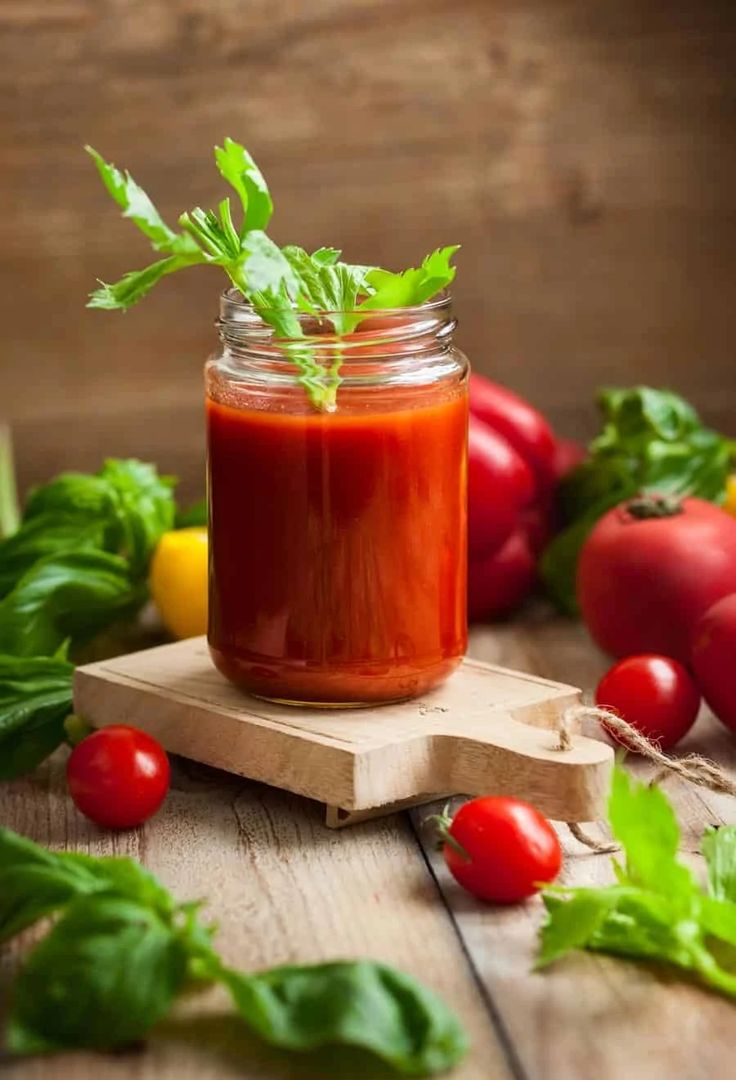 a jar filled with tomato sauce sitting on top of a cutting board next to tomatoes