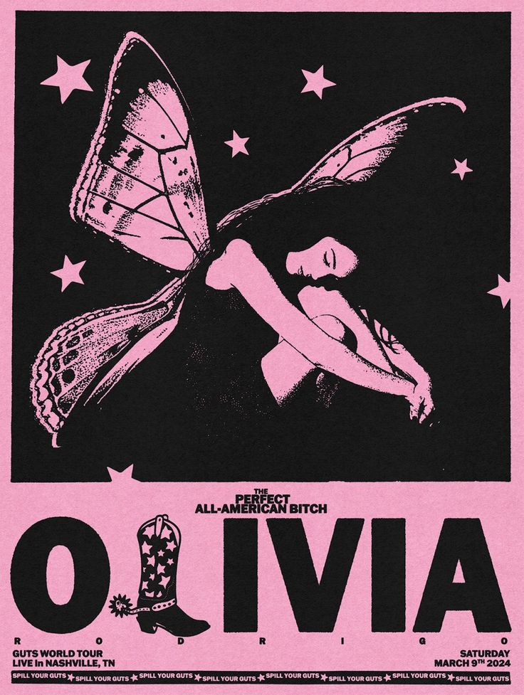 an old concert poster from the 1970's shows a woman with a butterfly on her back