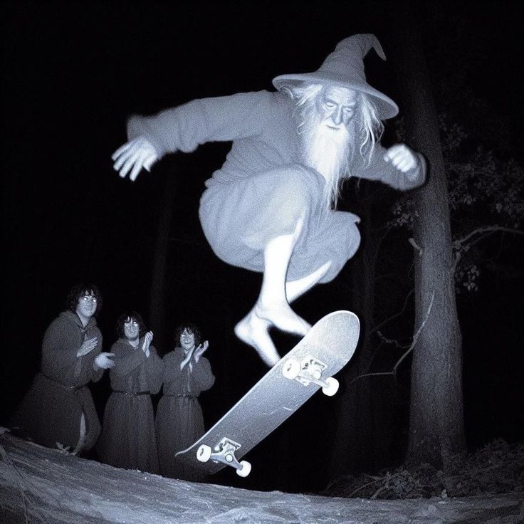 a man flying through the air while riding a skateboard in front of other people