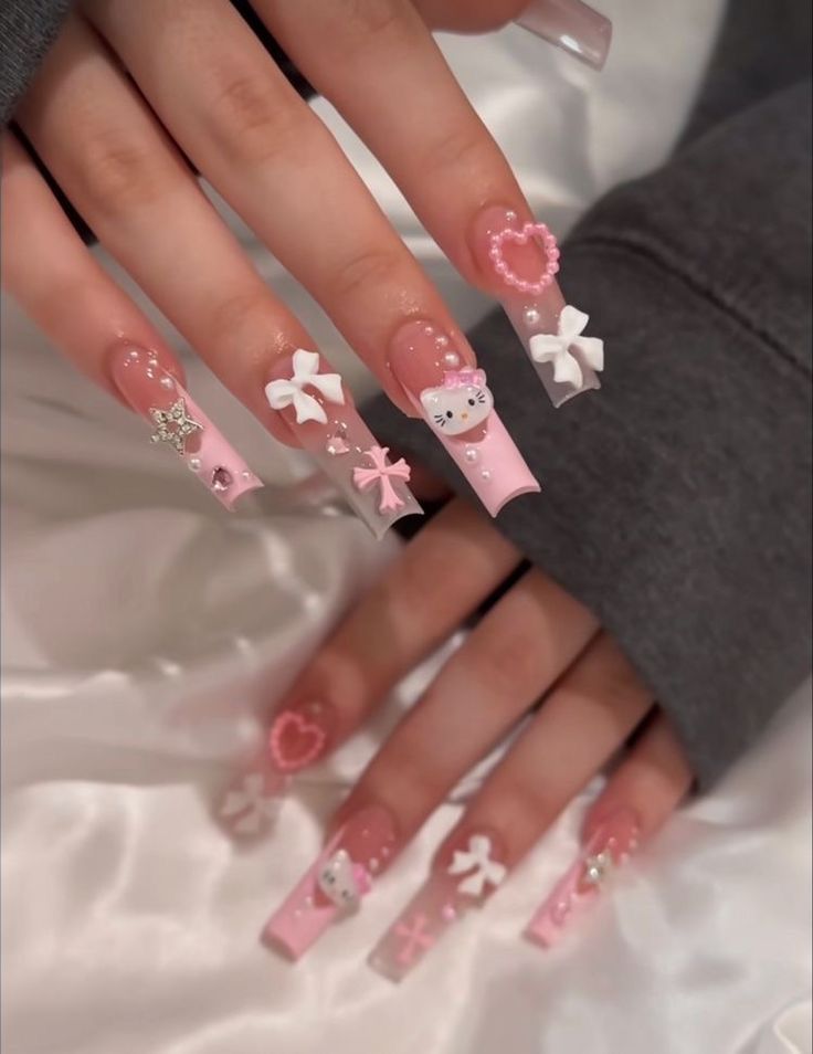 French Tip Acrylic Nails Simple, Hello Kitty Nails Black, Sanrio Acrylic Nails, Y2k Pink Hello Kitty, Uñas Hello Kitty, Pink Hello Kitty Nails, Paznokcie Hello Kitty, Quinceanera Nails, Henna Nails