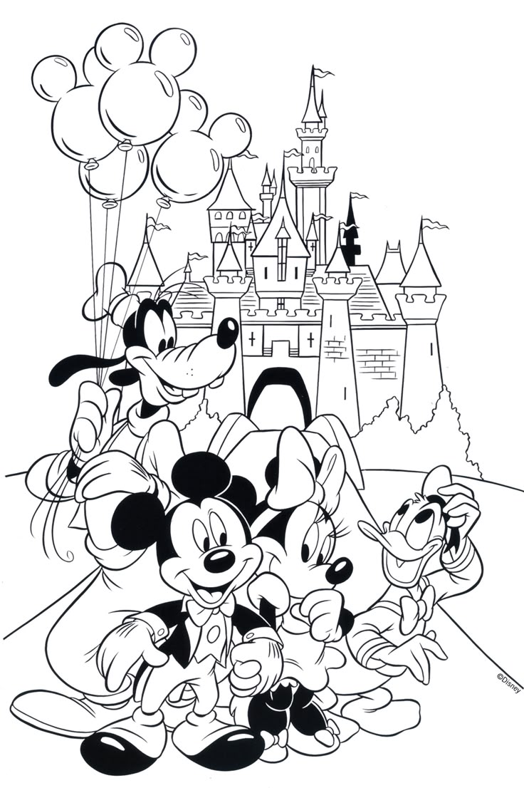 mickey mouse and friends in front of a castle with balloons coloring pages for kids to print