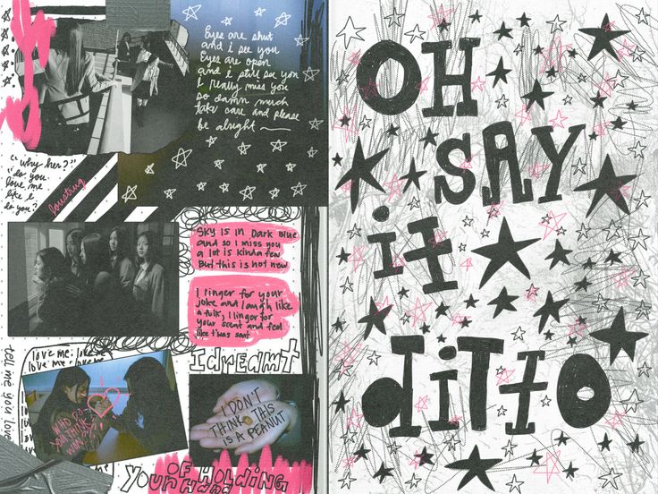 an open book with black and pink writing on it, stars and other things in the pages