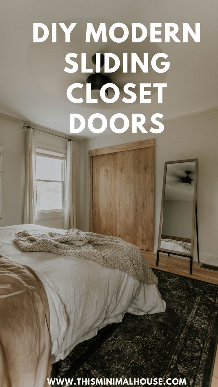 a bedroom with white walls and wooden closets in the corner, text overlay reads diy modern sliding closet doors