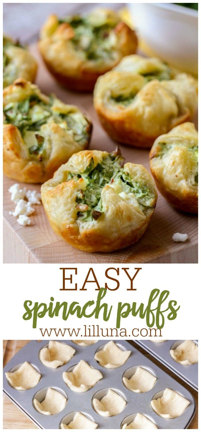 several different types of muffins with spinach and cheese in them on a table