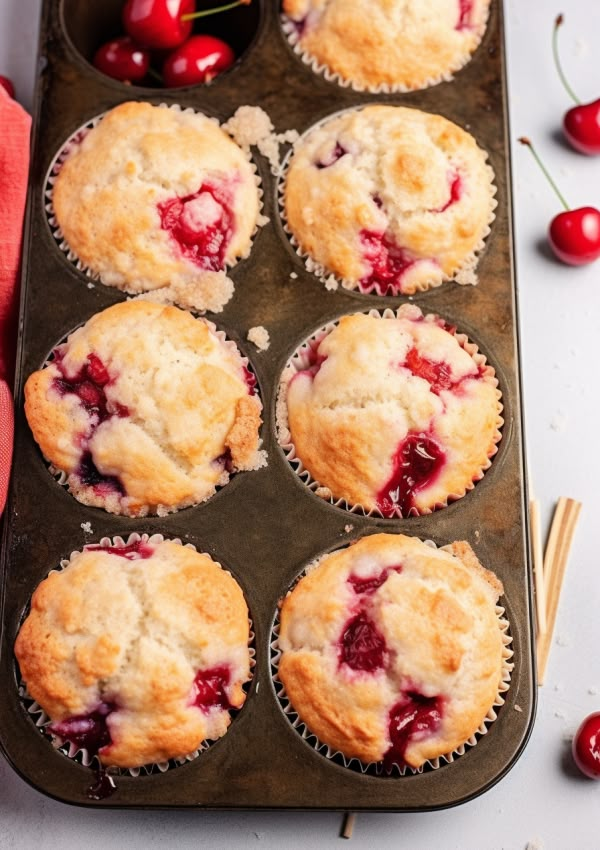 fresh cherry muffins in a muffin tin with cherries on the side