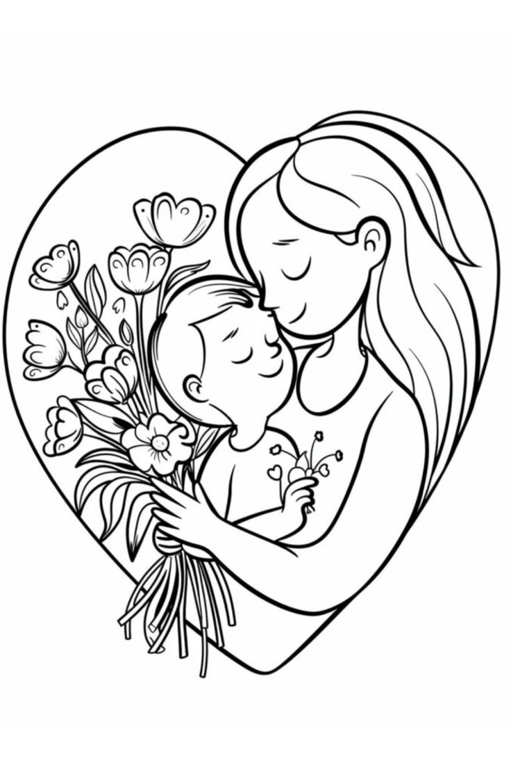 a mother holding her child in the shape of a heart, with flowers on it