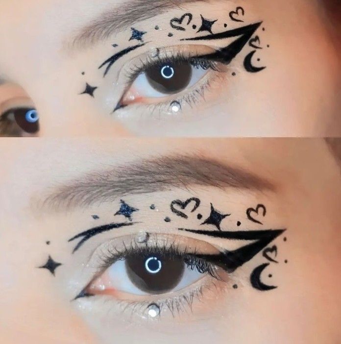 Unique Eyeliner Ideas, Birthday Eyeliner, Cloud Eyeliner, Eyeliner Designs Creative, Gothic Eyeliner Ideas, Creative Eyeliner Looks, Black Graphic Liner, Unique Eyeliner, Heart Eyeliner