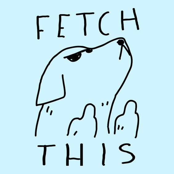 a black and white drawing of a dog's head with the words fetch this