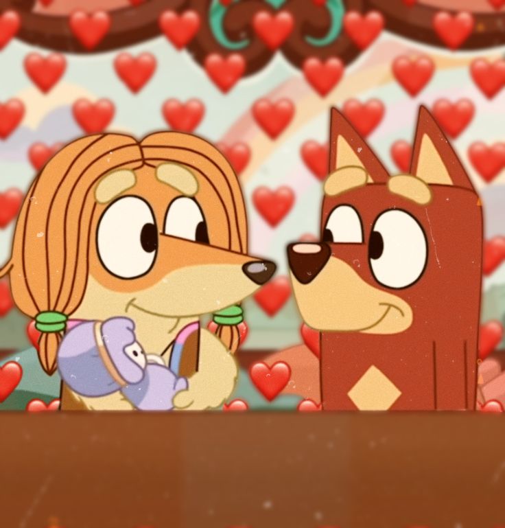 two cartoon dogs are standing next to each other with hearts in the background and one dog is eating something