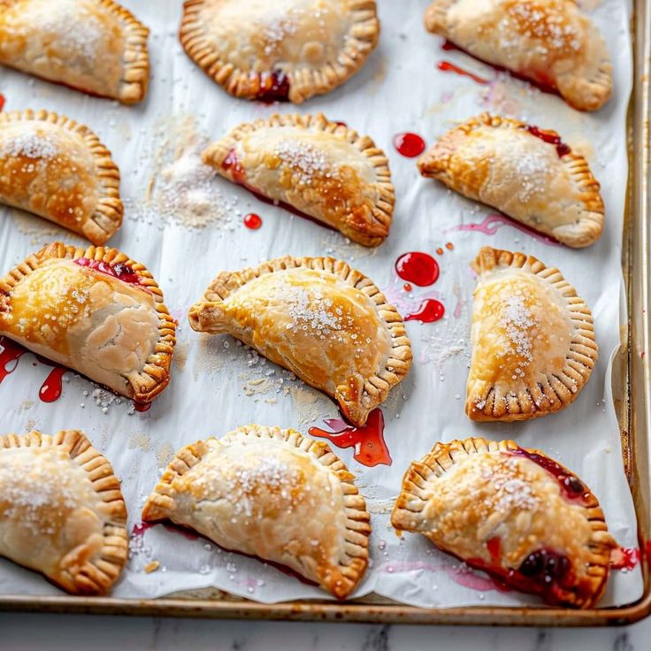 several pastries on a baking sheet covered in powdered sugar and jelly are ready to be eaten