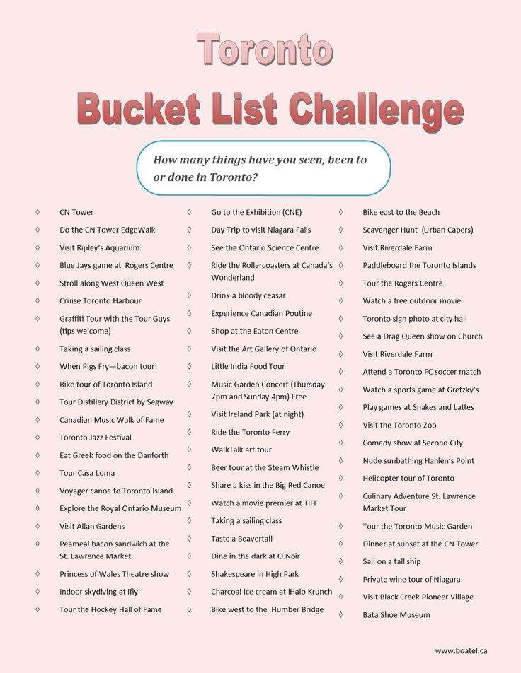 the toronto bucket list is shown in pink