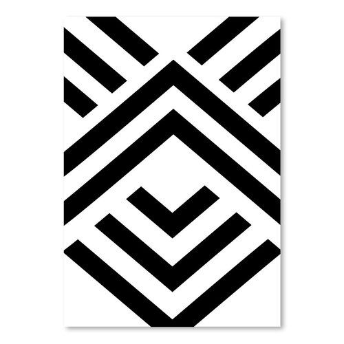 a black and white geometric pattern with lines in the middle, framed on a wall