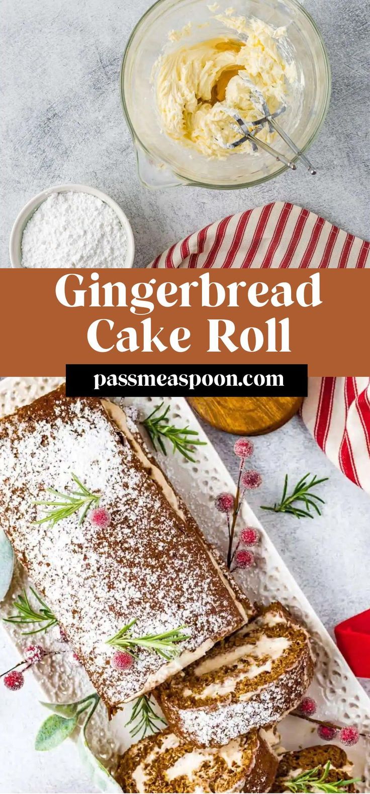 gingerbread cake roll with powdered sugar on top