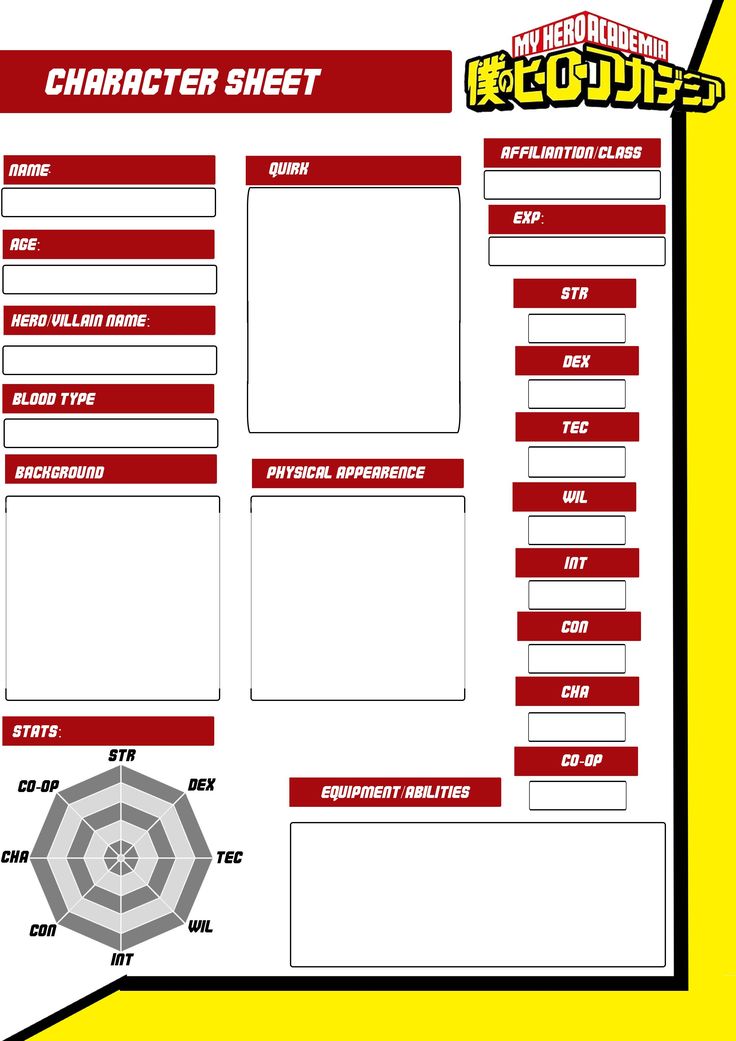 the character sheet is shown in red, white and yellow colors with an arrow on it