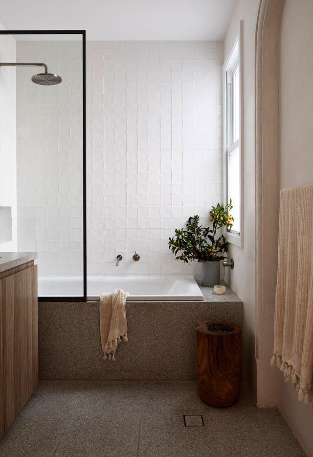 a bath tub sitting next to a window with a plant on it's side