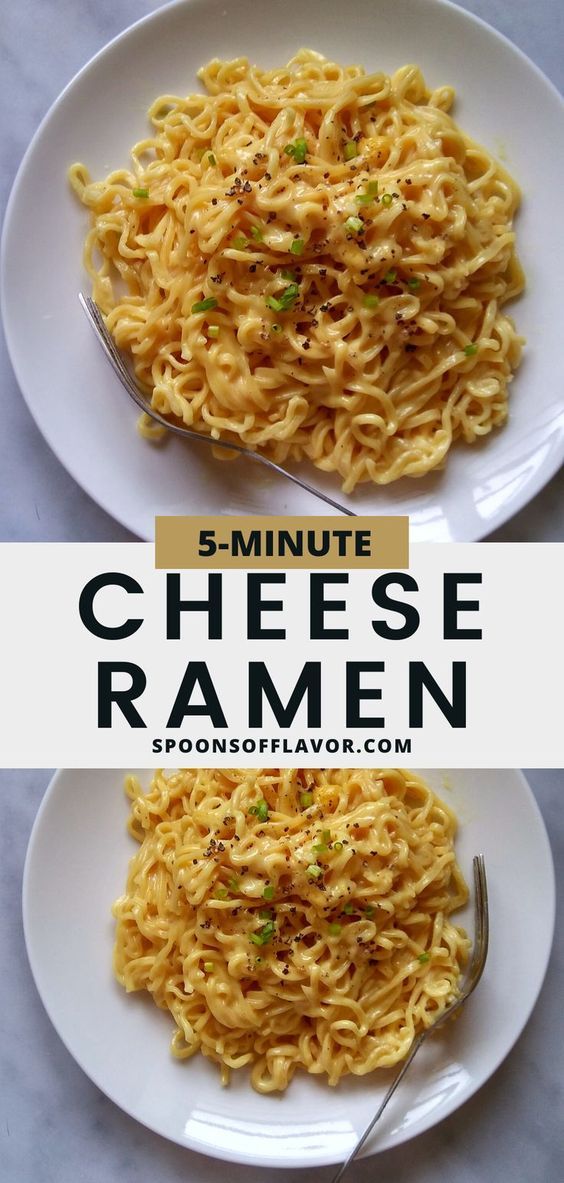 two white plates filled with noodles on top of each other and the words 5 - minute cheese ramen above them