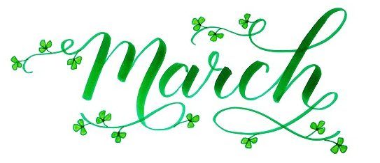 the word march written in green ink with shamrocks on it's sides and leaves