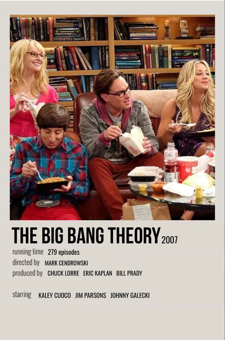 the big bang theory movie poster with three people sitting on a couch in front of bookshelves