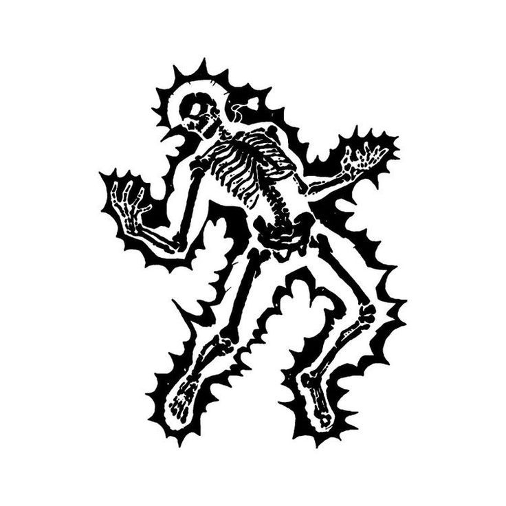 a black and white drawing of a skeleton with spiky legs holding a flower