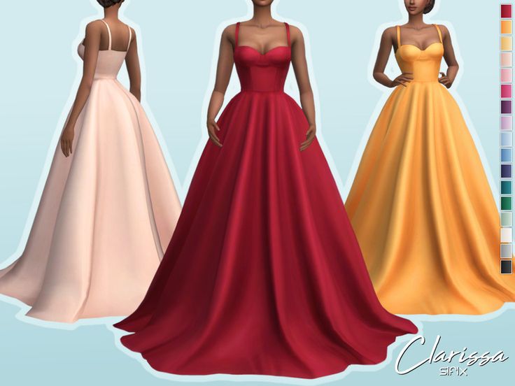 three different colored gowns are shown in the same color and size, one is red, one is yellow