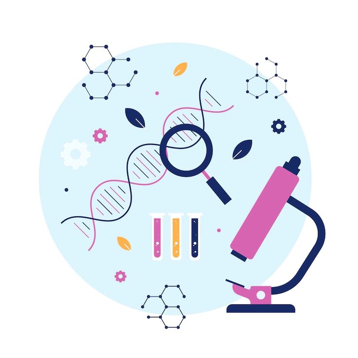 a microscope, magnifying glass and test tubes on a blue background with flowers