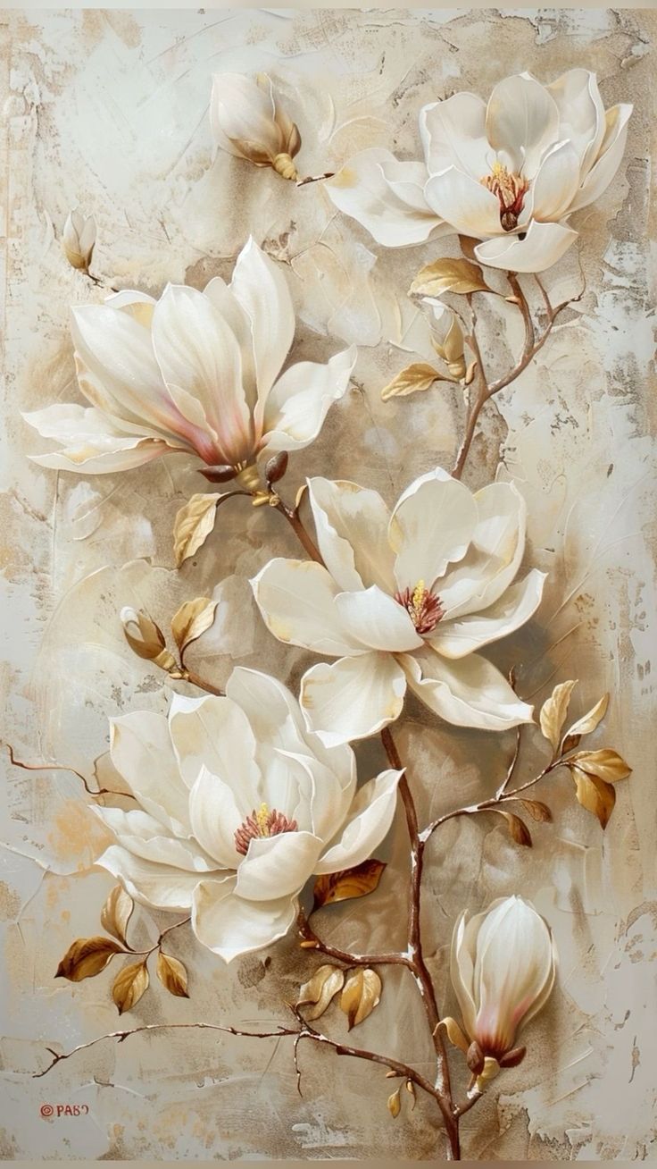 a painting of white flowers on a beige background