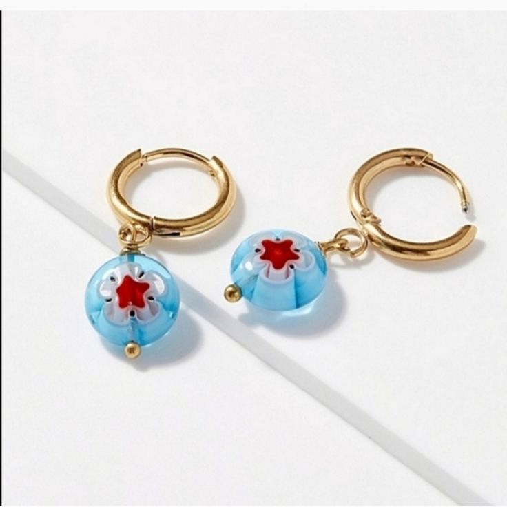 Offers Welcome * Sold Out At Anthropologie, Get Them Here! These Anthropologie Millefiore Glass Huggie Hoop Earrings Are Made Of Blue Millefiore Beads That Hang From Gold Huggie Hoop Earrings. Fun Hoop Earrings, Dream Earrings, Gold Huggie Hoop Earrings, Vintage Silver Earrings, Anthropologie Jewelry Earrings, Arrow Earrings, Free People Jewelry, Gem Earrings, Anthropologie Jewelry