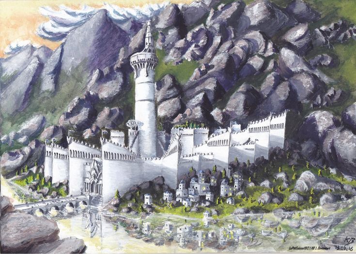 a drawing of a castle in the mountains with rocks and grass on it's sides