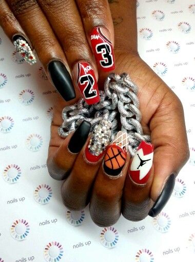 Long Nails Easy Designs, Cute Basketball Nails, Basketball Gel Nails, Jordan Nails Designs, 23rd Birthday Nail Ideas, Space Jam Nails, Basketball Nails Designs, Race Car Nails Designs, Nails With Writing