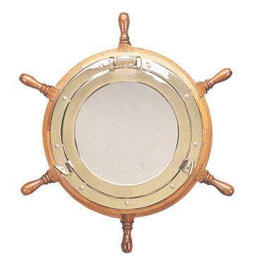 HS 24 Nautical Ship Wheel Porthole Mirror - DRH Nauticals Belize Tattoo, Ship In The Ocean, Pirate Bathroom, Seaside Bedroom, Beach Mirror, Nautical Rope Mirror, Nautical Mirror, Brass Porthole, Basement Man Cave