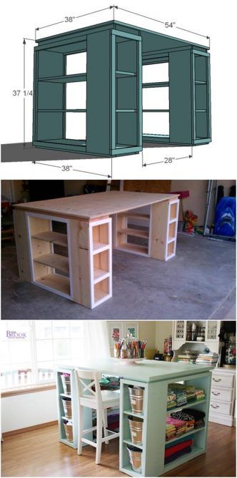 the plans for an office desk made out of shipping containers are shown in two different views