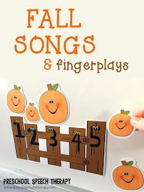 a hand is pointing at some pumpkins on a sign that says fall songs and fingerplays