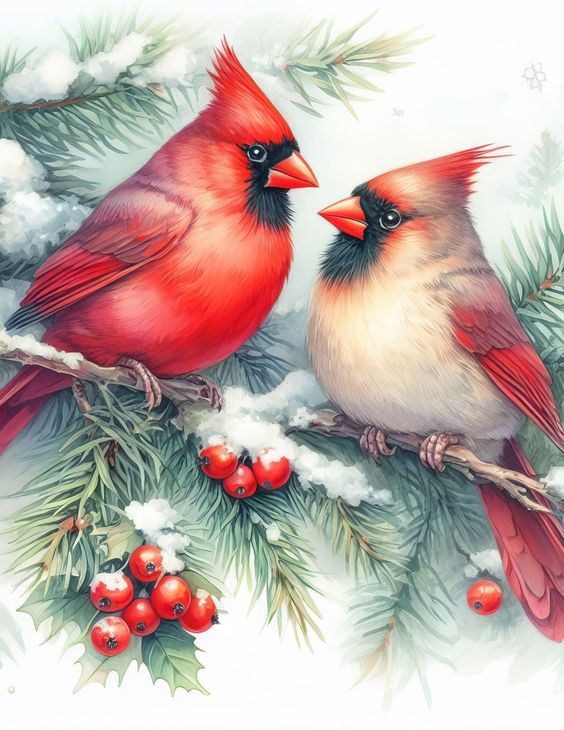 two red birds sitting on top of a pine tree next to berries and mist covered branches