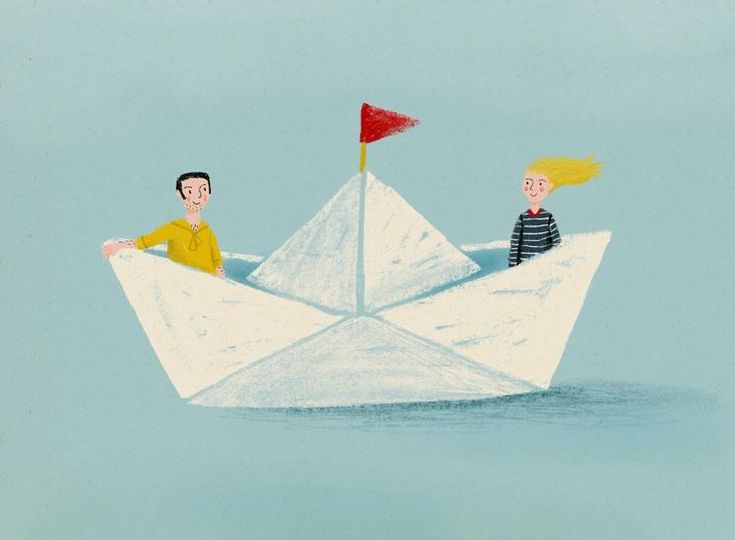 two people in a paper boat with a flag sticking out of the top and one person sitting on the bottom