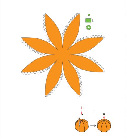 an orange flower with two pumpkins on the bottom and one in the middle next to it