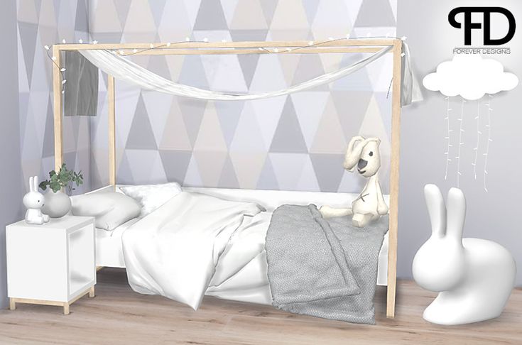 a white teddy bear sitting on top of a bed next to a night stand and nightstand