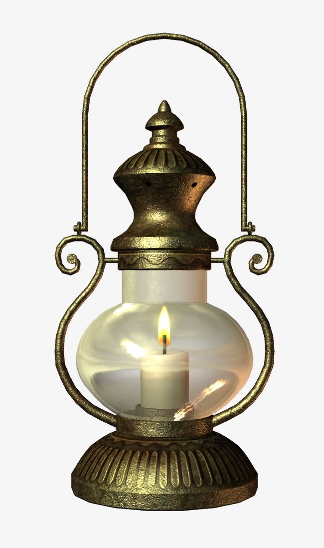 an old fashioned lantern with a lit candle in it's glass holder, isolated on a white background