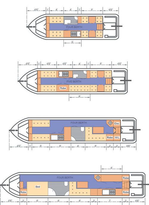 three plans for a boat that is in the water and has two different sections on each side