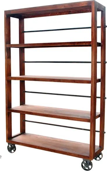 a wooden shelf with four shelves on wheels