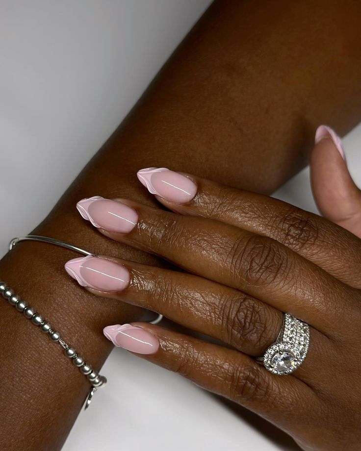 Baby pink on baby pink Pink French Tip Nails Almond Long, Baby Pink French Tip Nails Almond, Almond Nails Pink Design, Light Pink Square Nails, Baby Pink Almond Nails, Natural French Nails, Short Nails Inspo, Shower Nails, Hoco 2024