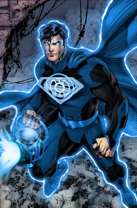 an image of a man in blue and black costume with his hands on his chest