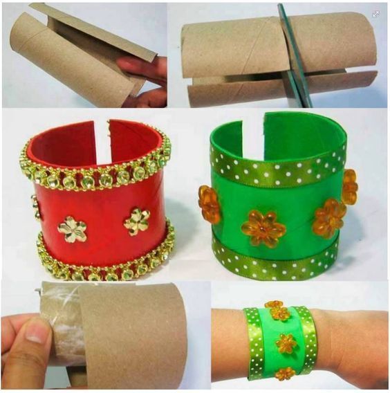 four different types of bracelets made out of toilet paper