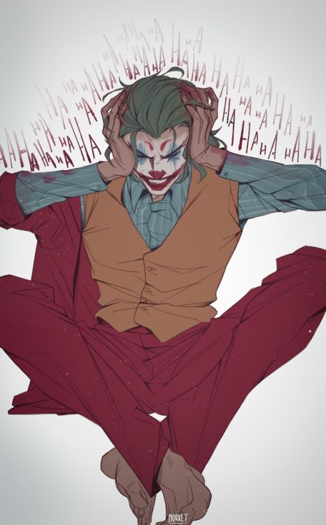 a drawing of a joker with his hands on his head and arms behind his head