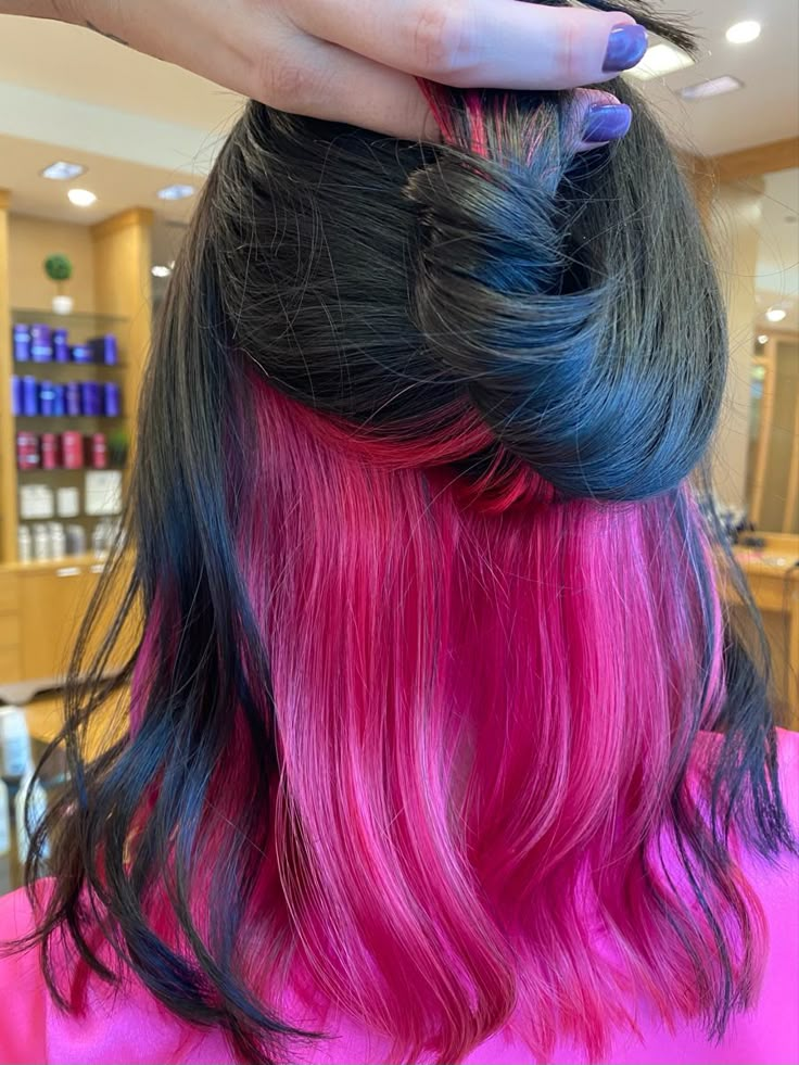 Peeks Boo Hair, Hot Pink Peek A Boo Hair, Hot Pink Peak A Boo Hair, Blue And Pink Peekaboo Hair, Neon Pink Underneath Hair, Pink Hair Peak A Boo, Peak A Boo Pink Hair, Pink Under Black Hair, Brown And Turquoise Hair