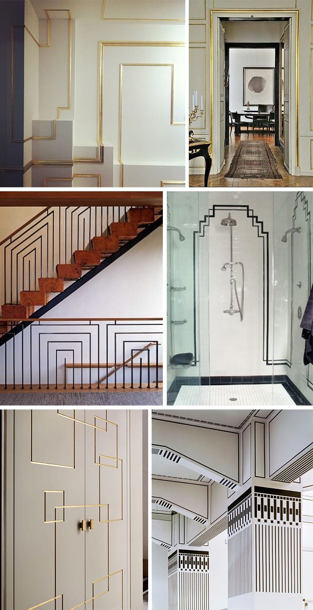 four different pictures of stairs and railings in various rooms with mirrors on the wall