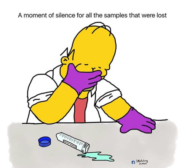 a cartoon character sitting at a table with his head in his hands and the caption reads, a moment of science for all the samples that were lost