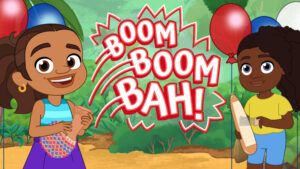 two children standing next to each other in front of balloons and the words boom boom bah