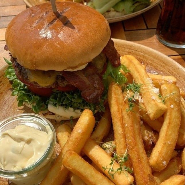 a hamburger and french fries on a plate with ketchup, mayonnaise