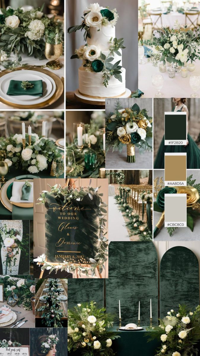 a collage of green and white wedding colors with greenery, flowers, gold accents