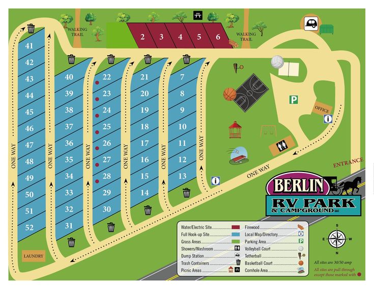 the map for berlin rv park and convention center, with parking spaces on each side